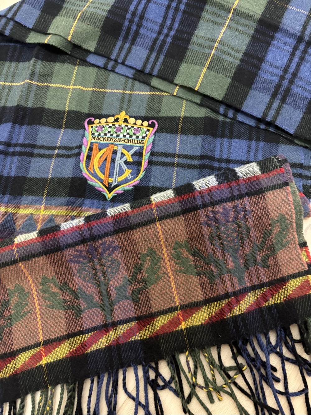 MacKenzie-Childs Blue & Green Tartan Crest Scarf Table Runner - Picture 2 of 6